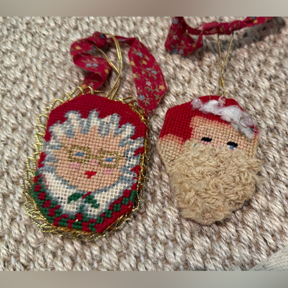 2 Vintage Needlepoint Christmas Ornaments Santa & Mrs. Claus